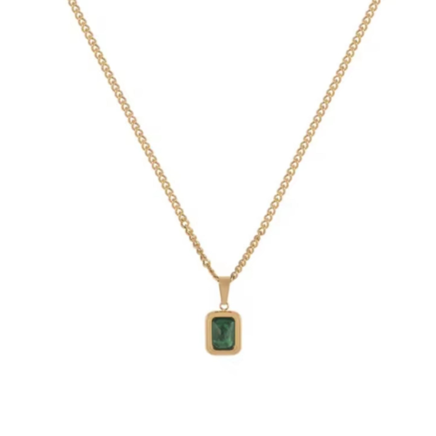 Green Stone Pendant Necklace – Minimalist Gold Color Square Charm, Dainty Everyday Jewelry for Women