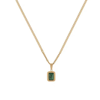 Green Stone Pendant Necklace – Minimalist Gold Color Square Charm, Dainty Everyday Jewelry for Women