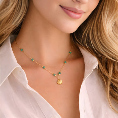 Beaded Gold Necklace with Shell Charm – Turquoise Stone Chain, Minimalist Boho Jewelry for Women