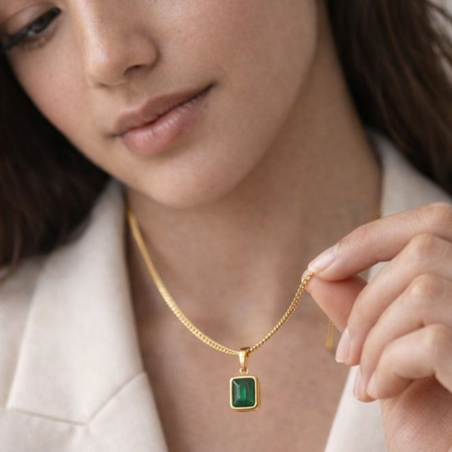 Green Stone Pendant Necklace – Minimalist Gold Color Square Charm, Dainty Everyday Jewelry for Women