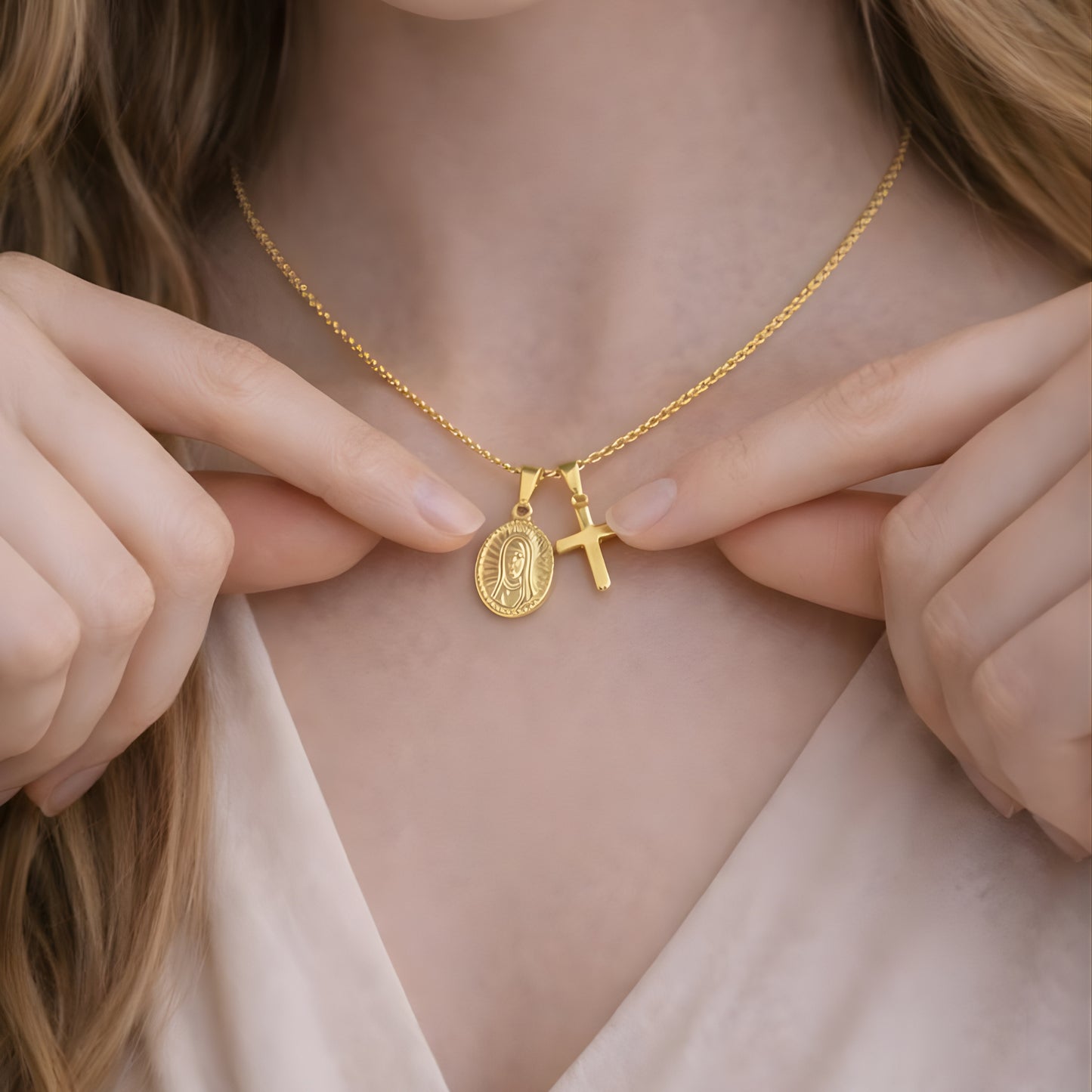 Gold Color Cross & Medallion Necklace – Minimalist Faith Pendant, Dainty Christian Jewelry Gift