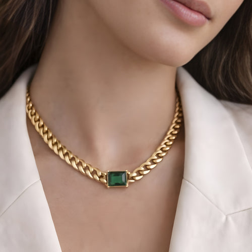 Green Stone Gold Chain Necklace & Bracelet Set – Minimalist Chunky Link Jewelry, Dainty Everyday Gift for Women
