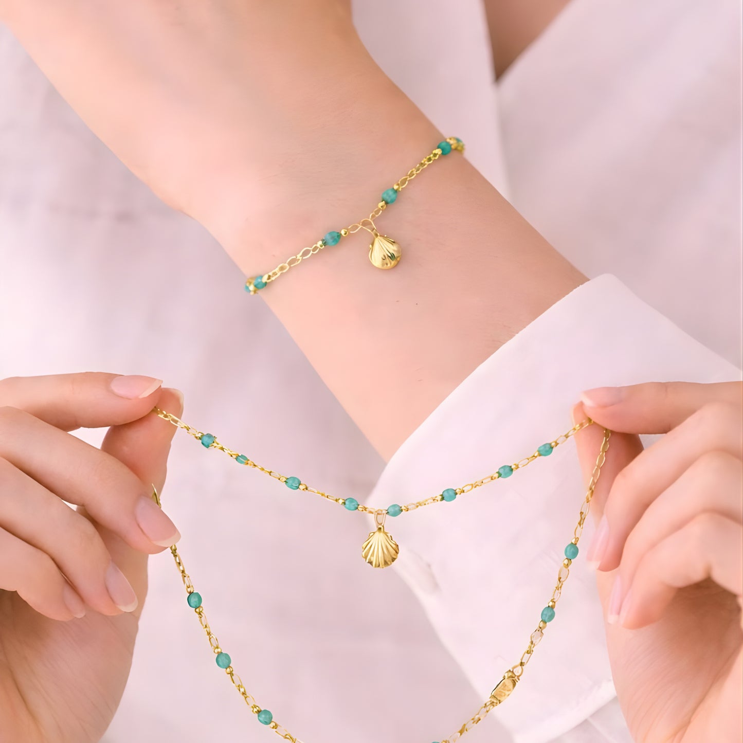 Beaded Gold Necklace with Shell Charm – Turquoise Stone Chain, Minimalist Boho Jewelry for Women