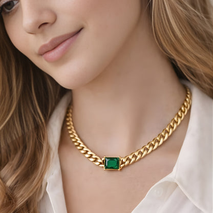 Green Stone Gold Chain Necklace & Bracelet Set – Minimalist Chunky Link Jewelry, Dainty Everyday Gift for Women