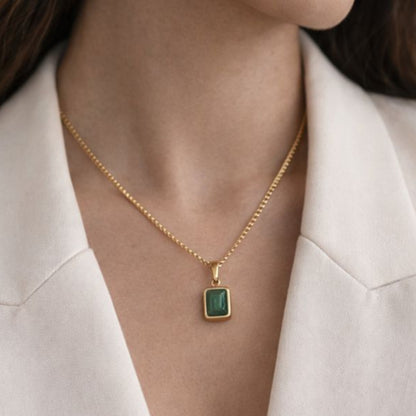 Green Stone Pendant Necklace – Minimalist Gold Color Square Charm, Dainty Everyday Jewelry for Women