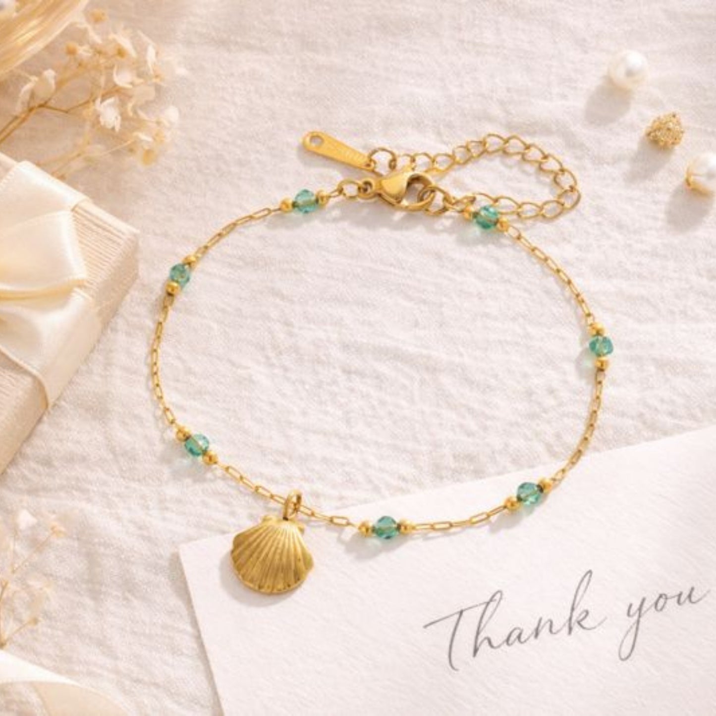 Beaded Gold Necklace with Shell Charm – Turquoise Stone Chain, Minimalist Boho Jewelry for Women