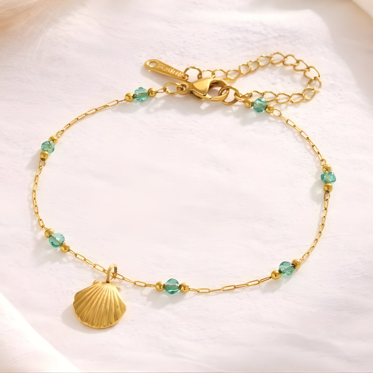 Beaded Gold Necklace with Shell Charm – Turquoise Stone Chain, Minimalist Boho Jewelry for Women