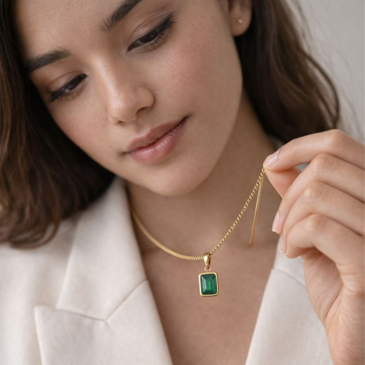 Green Stone Pendant Necklace – Minimalist Gold Color Square Charm, Dainty Everyday Jewelry for Women