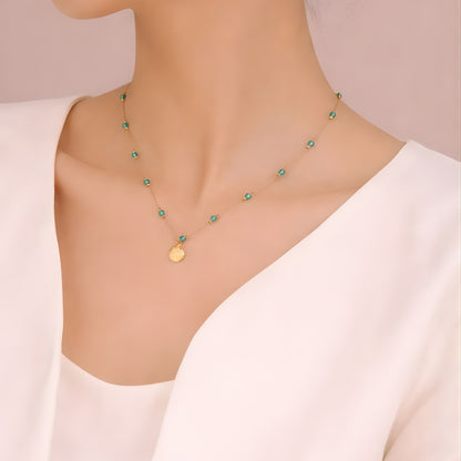 Beaded Gold Necklace with Shell Charm – Turquoise Stone Chain, Minimalist Boho Jewelry for Women