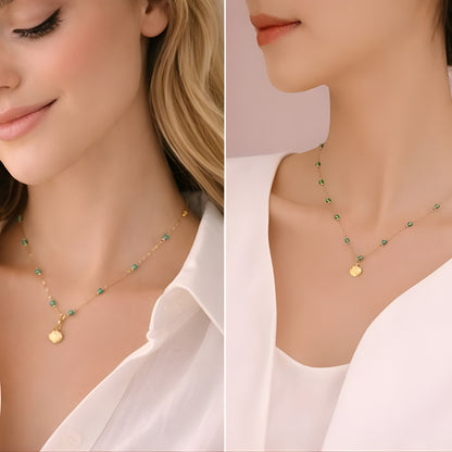 Beaded Gold Necklace with Shell Charm – Turquoise Stone Chain, Minimalist Boho Jewelry for Women