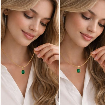 Green Stone Pendant Necklace – Minimalist Gold Color Square Charm, Dainty Everyday Jewelry for Women