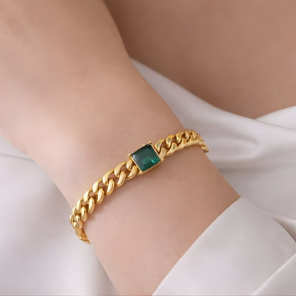 Green Stone Gold Chain Necklace & Bracelet Set – Minimalist Chunky Link Jewelry, Dainty Everyday Gift for Women