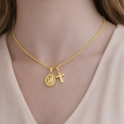 Gold Color Cross & Medallion Necklace – Minimalist Faith Pendant, Dainty Christian Jewelry Gift