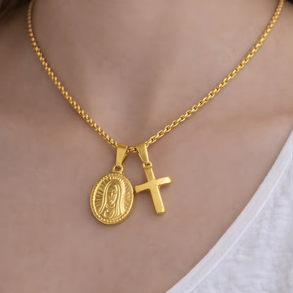 Gold Color Cross & Medallion Necklace – Minimalist Faith Pendant, Dainty Christian Jewelry Gift