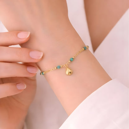 Beaded Gold Necklace with Shell Charm – Turquoise Stone Chain, Minimalist Boho Jewelry for Women