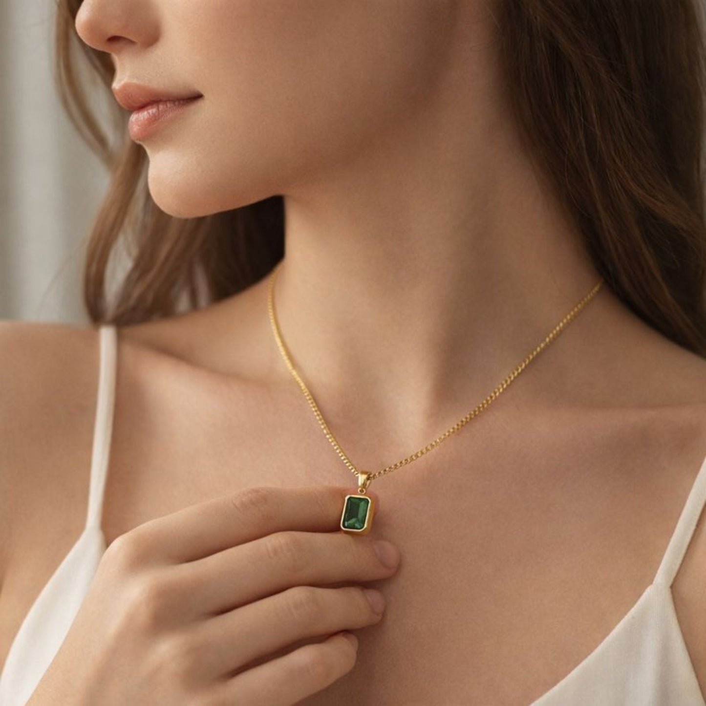 Green Stone Pendant Necklace – Minimalist Gold Color Square Charm, Dainty Everyday Jewelry for Women