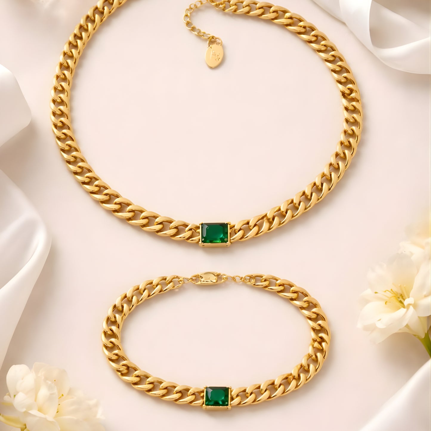 Green Stone Gold Chain Necklace & Bracelet Set – Minimalist Chunky Link Jewelry, Dainty Everyday Gift for Women