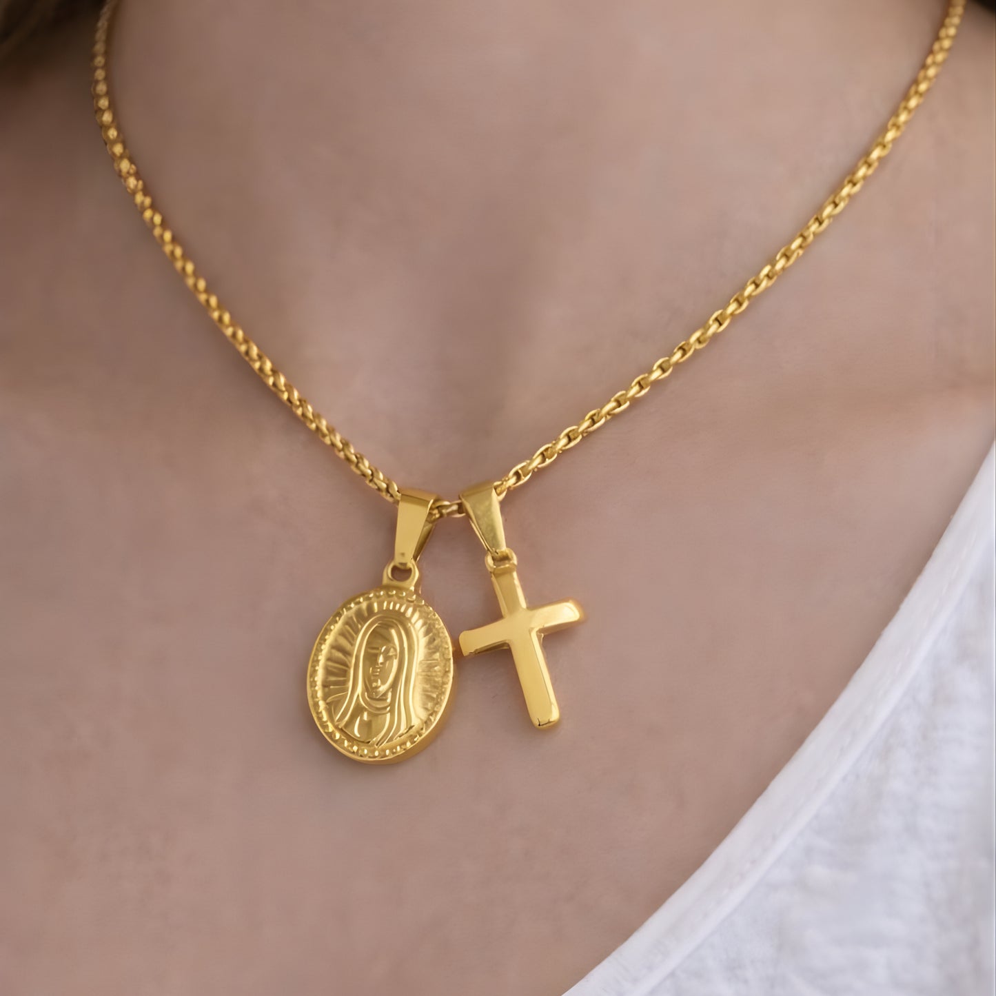 Gold Color Cross & Medallion Necklace – Minimalist Faith Pendant, Dainty Christian Jewelry Gift