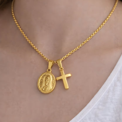 Gold Color Cross & Medallion Necklace – Minimalist Faith Pendant, Dainty Christian Jewelry Gift