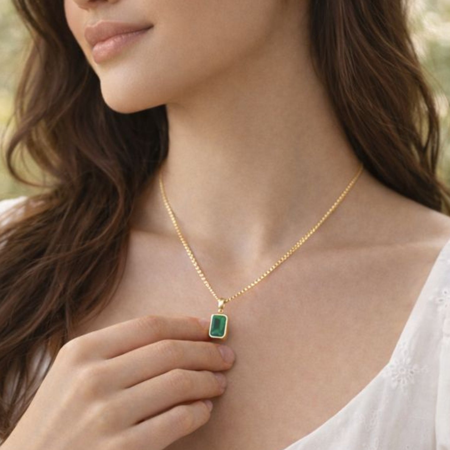 Green Stone Pendant Necklace – Minimalist Gold Color Square Charm, Dainty Everyday Jewelry for Women