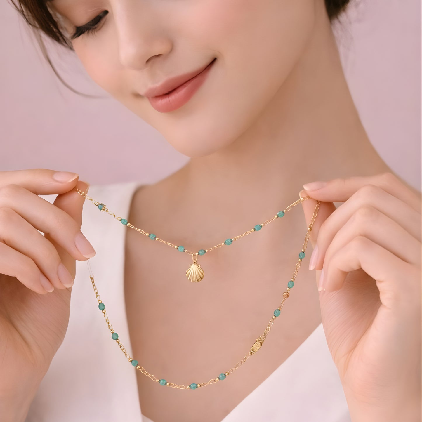 Beaded Gold Necklace with Shell Charm – Turquoise Stone Chain, Minimalist Boho Jewelry for Women