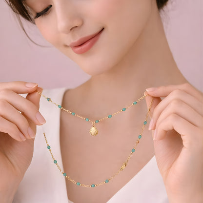 Beaded Gold Necklace with Shell Charm – Turquoise Stone Chain, Minimalist Boho Jewelry for Women