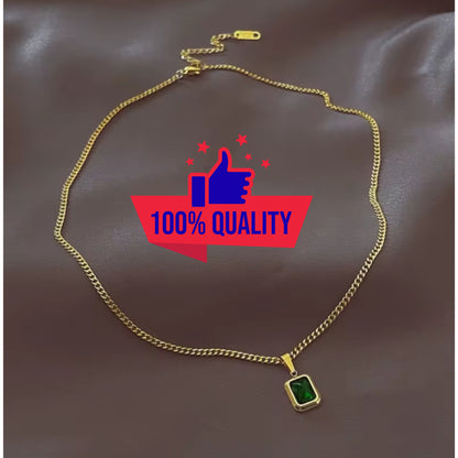 Green Stone Pendant Necklace – Minimalist Gold Color Square Charm, Dainty Everyday Jewelry for Women