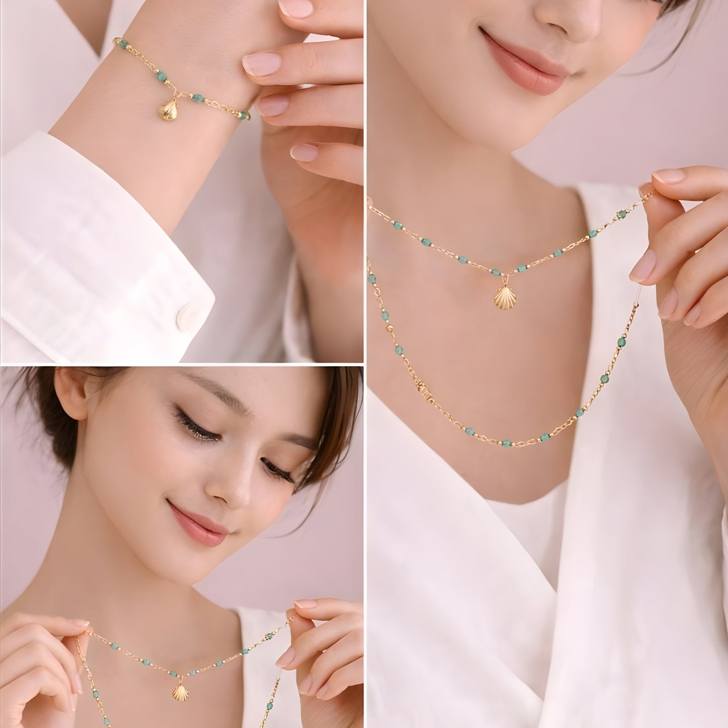 Beaded Gold Necklace with Shell Charm – Turquoise Stone Chain, Minimalist Boho Jewelry for Women