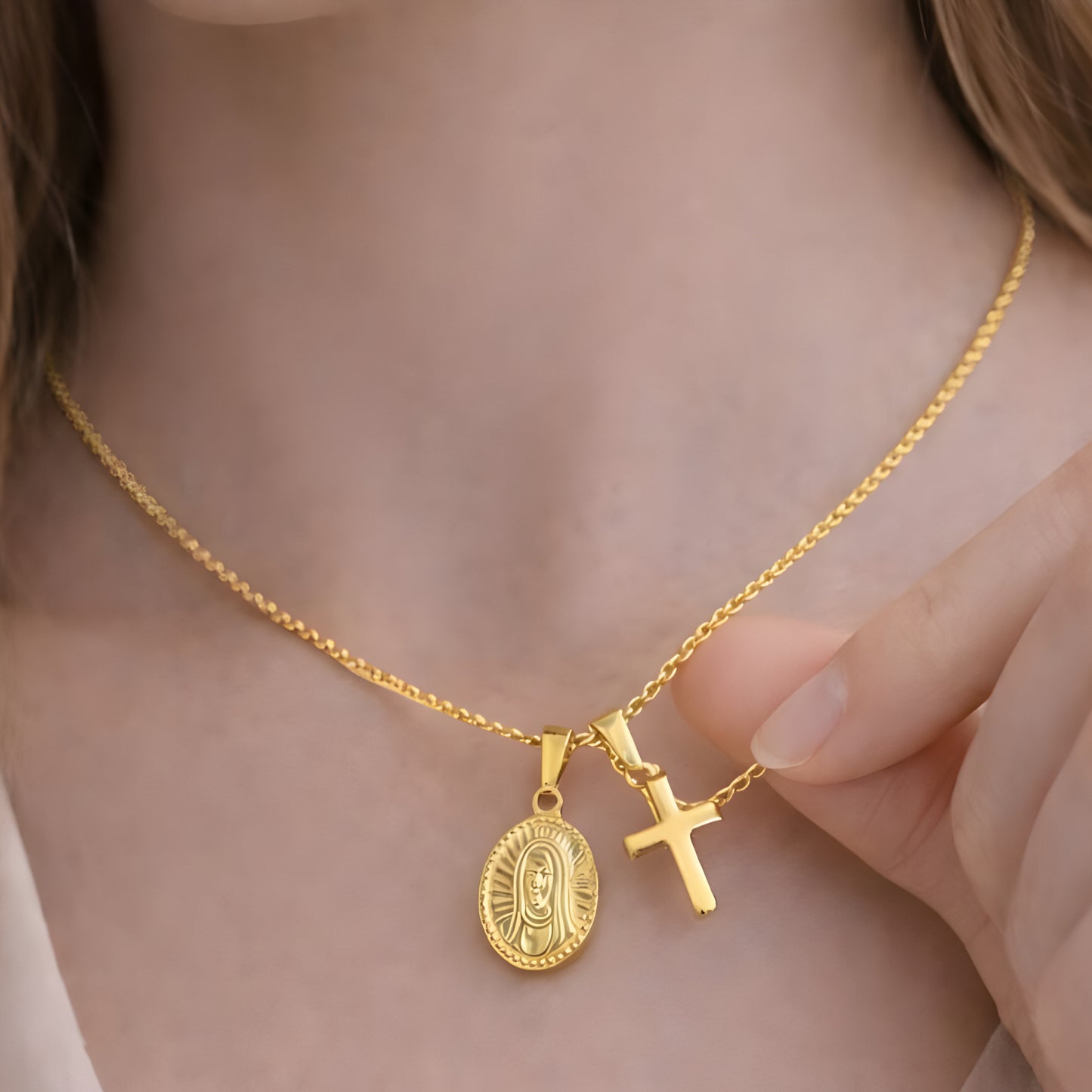 Gold Color Cross & Medallion Necklace – Minimalist Faith Pendant, Dainty Christian Jewelry Gift
