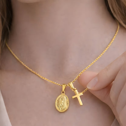 Gold Color Cross & Medallion Necklace – Minimalist Faith Pendant, Dainty Christian Jewelry Gift