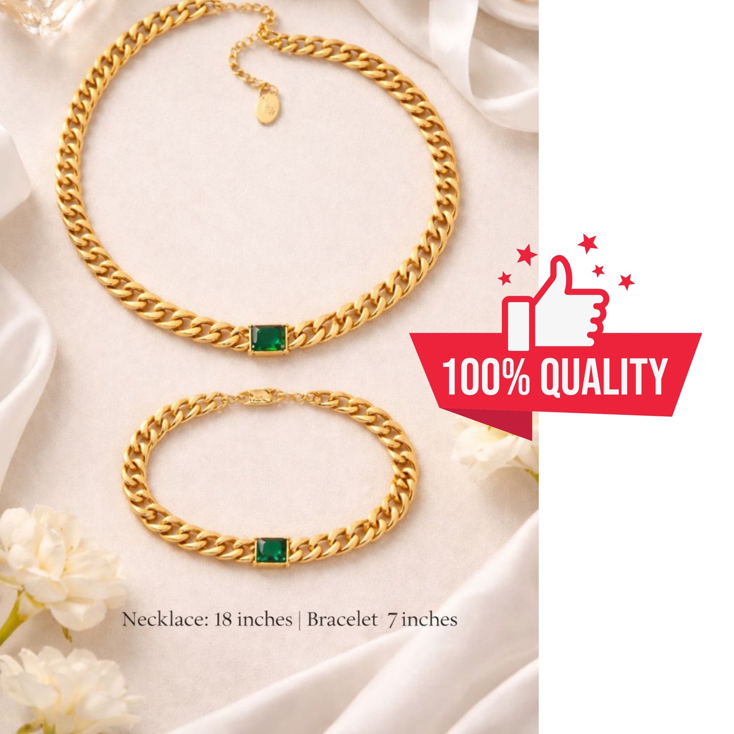 Green Stone Gold Chain Necklace & Bracelet Set – Minimalist Chunky Link Jewelry, Dainty Everyday Gift for Women