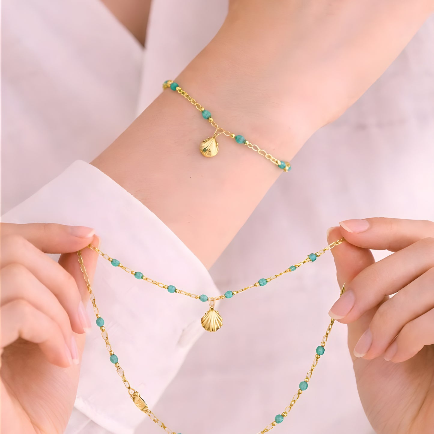 Beaded Gold Necklace with Shell Charm – Turquoise Stone Chain, Minimalist Boho Jewelry for Women