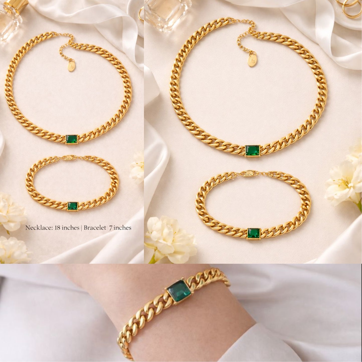 Green Stone Gold Chain Necklace & Bracelet Set – Minimalist Chunky Link Jewelry, Dainty Everyday Gift for Women