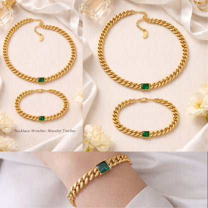 Green Stone Gold Chain Necklace & Bracelet Set – Minimalist Chunky Link Jewelry, Dainty Everyday Gift for Women