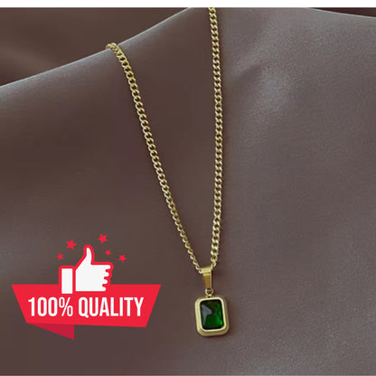 Green Stone Pendant Necklace – Minimalist Gold Color Square Charm, Dainty Everyday Jewelry for Women