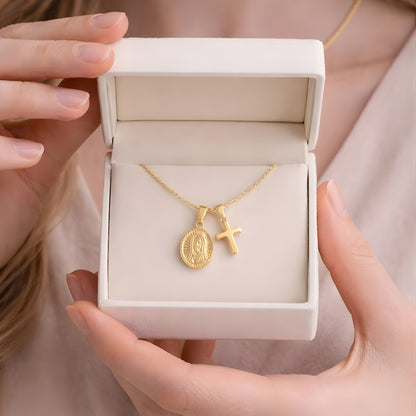 Gold Color Cross & Medallion Necklace – Minimalist Faith Pendant, Dainty Christian Jewelry Gift