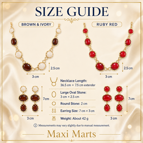 Gold-Tone Statement Necklace & Drop Earrings Set for Women – Ruby Red or Brown & Ivory Jewelry, Elegant Gift Set