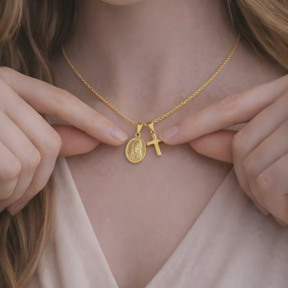 Gold Color Cross & Medallion Necklace – Minimalist Faith Pendant, Dainty Christian Jewelry Gift