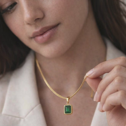 Green Stone Pendant Necklace – Minimalist Gold Color Square Charm, Dainty Everyday Jewelry for Women