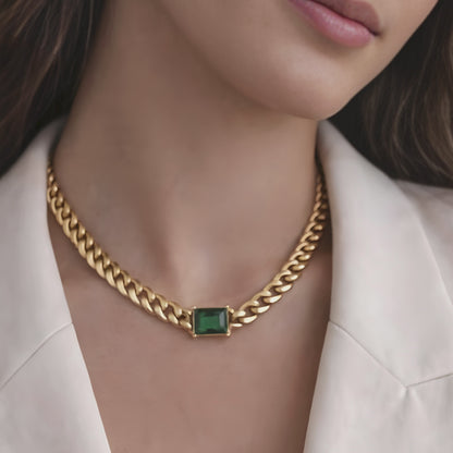 Green Stone Gold Chain Necklace & Bracelet Set – Minimalist Chunky Link Jewelry, Dainty Everyday Gift for Women